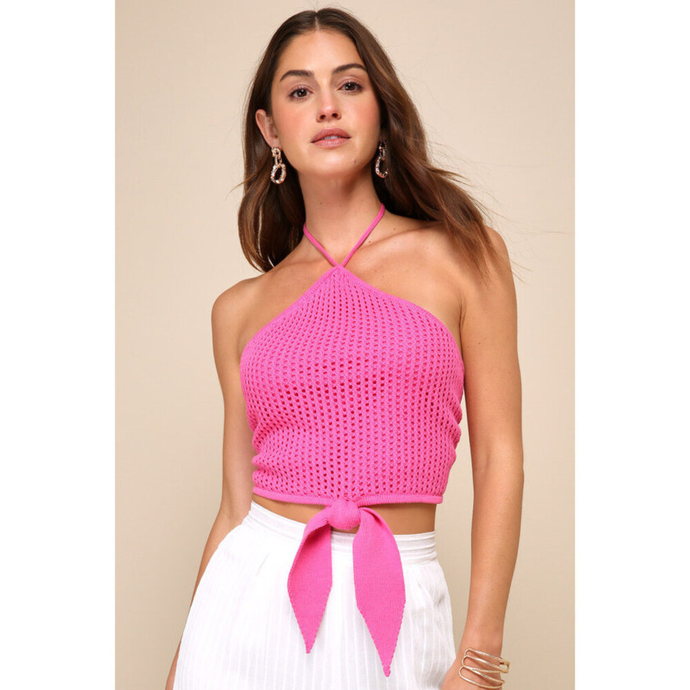 Lulus Sunny Serenity Hot Pink Crochet Cutout Halter Top - Size M